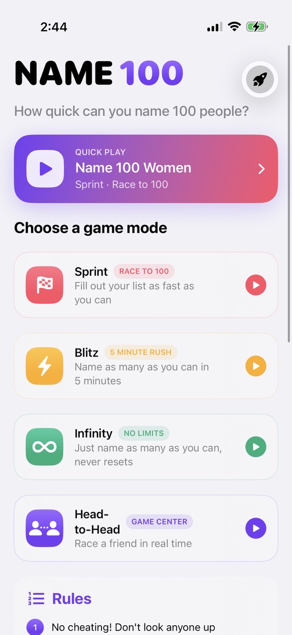 Name 100 home screen showing Sprint, Blitz, Infinity, and Head-to-Head