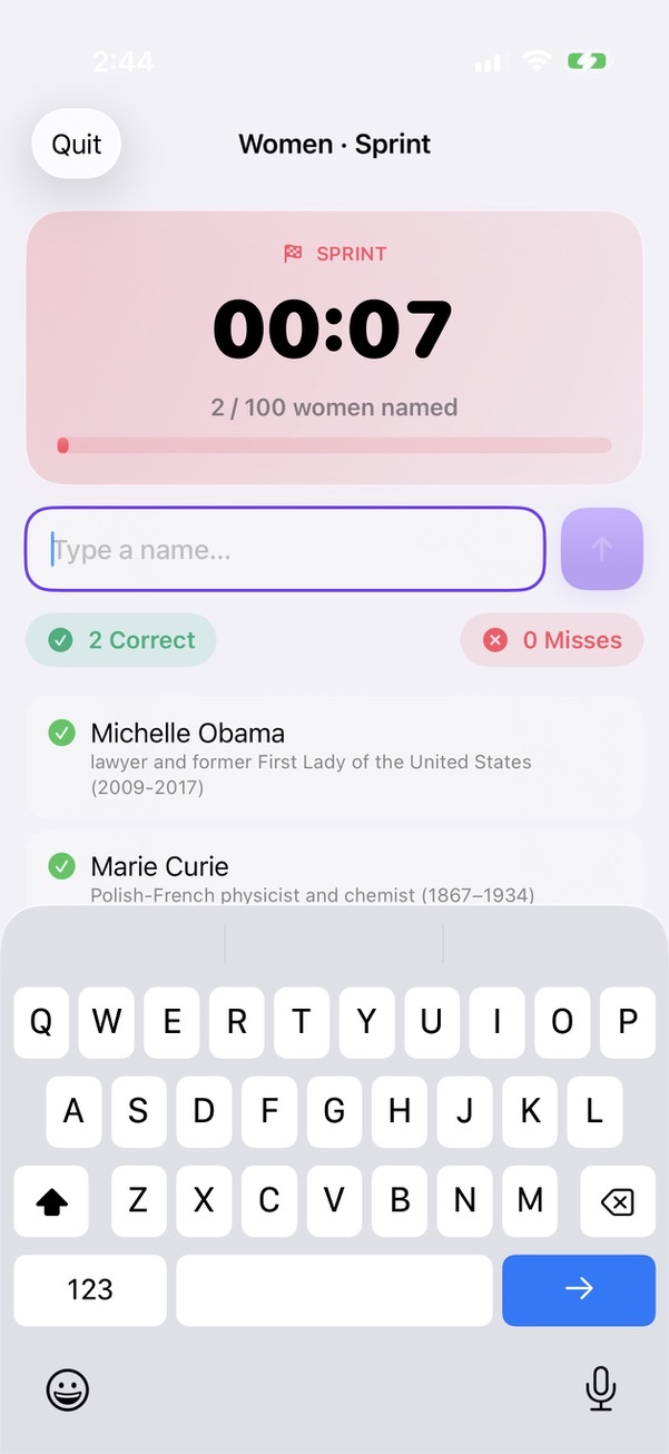 A Women Sprint game with names being entered